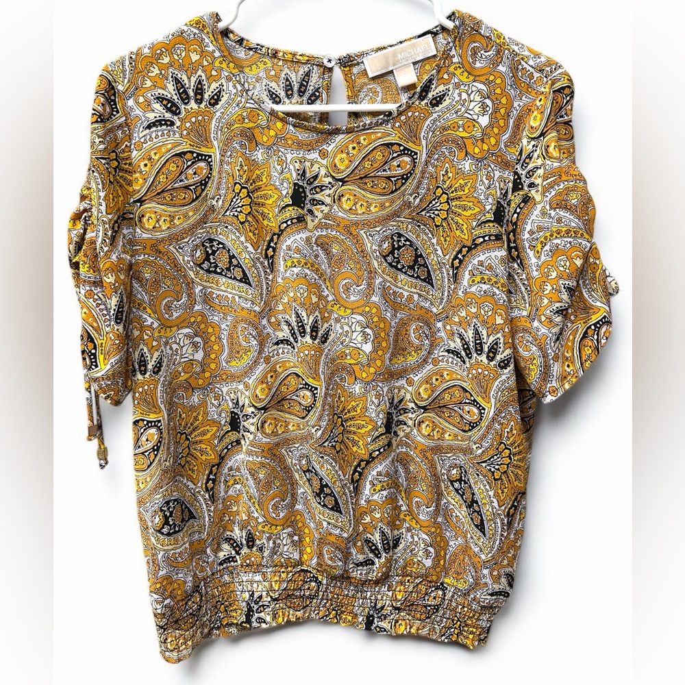 Michael Kors Women’s Top Yellow Paisley Print Keyhole Button Size Medium